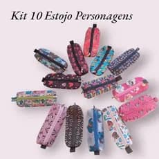 kit 10 Estojo Escolar Personagens, bolsinha zíper, 1 repartição