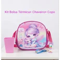 Bolsa Térmica Escolar Estampada Lancheira Desenho Infantil + Chaveiro + Copo 350 ml