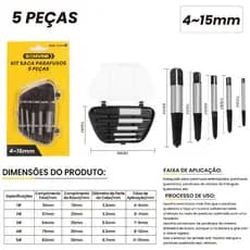 Kit 5 Peças Saca Parafuso Quebrado Kit Extrator 4 a 15mm Macho Rosca Esquerda Profssional