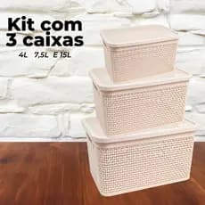 Kit 3 Caixas 4L 7,5L e 15L Organizadoras Com Tampa Rattan Areia Multiuso Naturalle Rischiotto