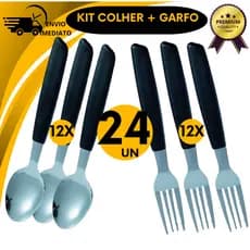 Jogo Inox Colher e Garfo de Mesa Cabo de Plástico Preto