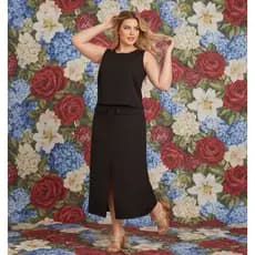 Conjunto Feminino Linho Premium Elegante Saia Midi Fenda e Blusa Regata Recortes Moda Casual Chic