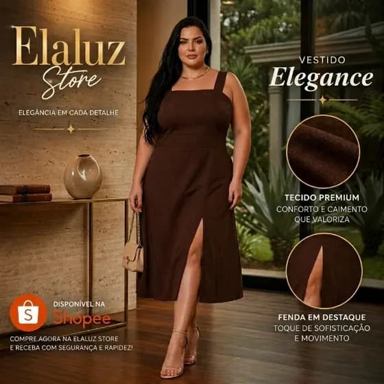 Vestido Midi Plus Size com Alças Largas Fenda Frontal, Decote Reto e Costas com Elástico Plissado