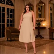 Vestido Midi Plus Size Um Ombro Só Detalhe Dourado no Ombro Fenda Frontal e Costas com Elástico