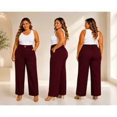 Calça Pantalona Plus Size Reta Com Elástico E Bolso Lateral