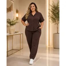 Conjunto Plus Size Camisa + Calça Estruturada Alfaiataria Feminino BH