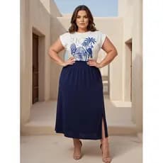 Conjunto Plus Size Verão Copacabana Saia Midi com Fenda + Blusa Estampada Tropical