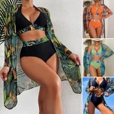 Biquíni Triangular com Estampa Tropical Nada Kangkala com Quimono Combinando, Ideal para Praia de Verão MT2D