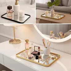 Bandeja Decorativa Espelhada Multiuso Sala Quarto Maquiagem Decoração 20x30CM Luxuosa Dourada Preta