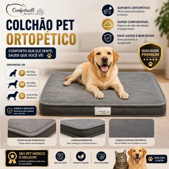 Colchão Pet Ortopédico Premium Caminha Cama para Cães e Gatos Tamanhos P M G Comfortwell