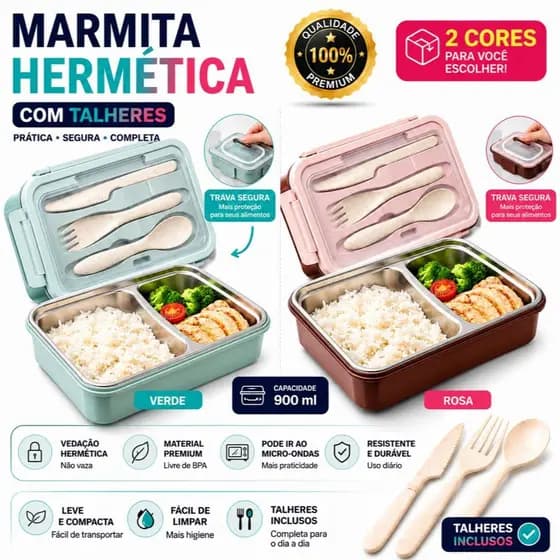 Marmita Térmica Inox com Divisória e Talheres Lancheira Portátil para Trabalho Escola e Viagens