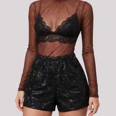 Short Paetê Feminino Brilho Forrado Cintura Alta Curto Balada Lantejoulas