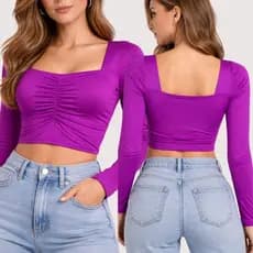 Cropped Feminino Manga Longa Poliamida  Forrado Estiloso Roupa Elegante Bojo Casual Blusa