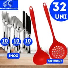 Kit Cozinha 32 Peças Escumadeira Concha de Silicone Garfo Faca Colher Inox Casa Nova Utensílios de Cozinha
