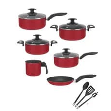 Conjunto De Panela 9 Pçs Antiaderente Tampas De Vidro Vermelha
