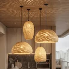 Kit 4 Lustres Bambu Rústico Pendente Iluminação Decorativa Sala Varanda Gourmet E27 Bivolt