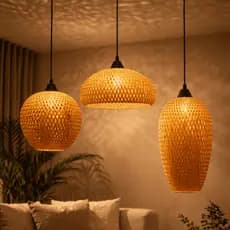 Composição 3 Lustres Pendentes Rústicos Decorativo Fibra de Bambu Bivolt Moderno Qualidade Premium