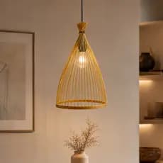 Luminaria Pendente Decorativa Rustico Madeira Fibra de Bambu Boho Minimalista Delicado Bivolt