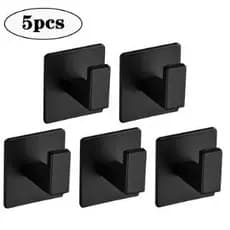 Kit 5 Ganchos Cabide Suporte Plastico Roupas Camisas Toalha de Rosto de Parede Banheiro Sem Furo Preto