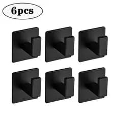 Kit 6 Ganchos Cabide Suporte Plastico Roupas Camisas Toalha de Rosto de Parede Banheiro Sem Furo Preto