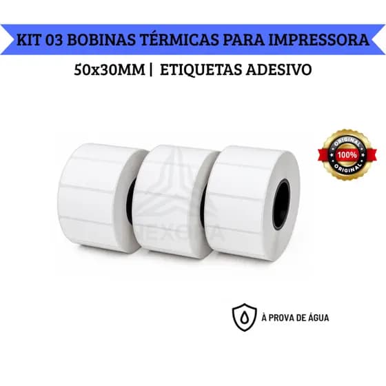 KIT 03 Rolos Etiqueta Adesiva 50x30mm 5x3cm (1 coluna) Impressora Térmica 10 Metros 700 Etiquetas