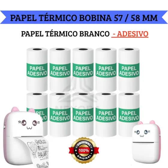 Bobina Etiqueta Térmica Adesiva Branco 57mm Refil Bobina Mini Impressora e Maquina Fotográfica