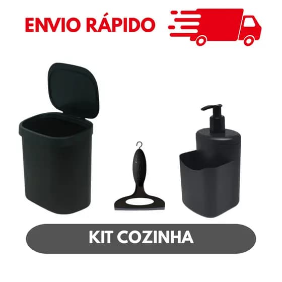 Kit cozinha lixeira dispenser detergente rodinho de pia preto alta qualidade original