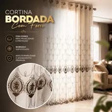 Cortina Para Sala Quarto Bordada Com Forro 3,00x2,70 Voil Linho Luxo Elegante Ilhos Cromado