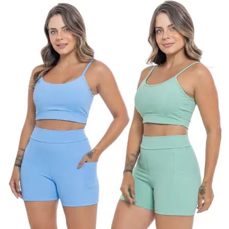Conjunto Fitness academia shorts com Bolso top de Alça com Entrada para Bojo Proteção UV Poliamida Premium