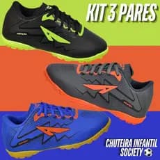 3 Pares Tênis Chuteira Society Infantil Masculino Grama Sintética Biqueira Reforçada Antiderrapante