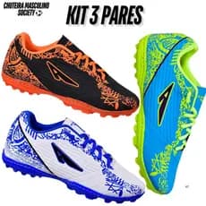 Kit 3 Chuteira Masculino Society Colada Costurada Antiderrapante Original Grama Lançamento Futebol