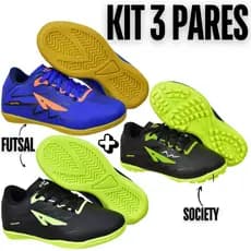 Kit 3 Pares Chuteira Masculino Infantil Futsal+Society/Campo+Quadra Costurada Confortavel Promoção