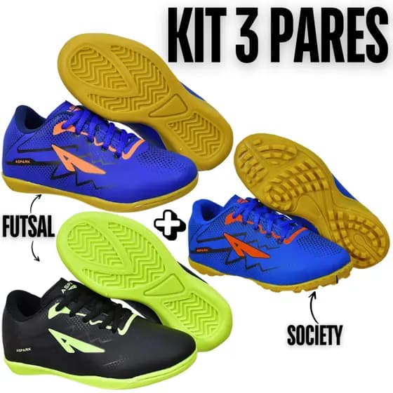 Kit 3 Pares Chuteira Infantil Masculino Futsal+Society Macio Leve Campo+Quadra Costurada Juvenil