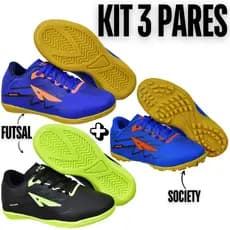 Kit 3 Pares Chuteira Infantil Masculino Futsal+Society Macio Leve Campo+Quadra Costurada Juvenil