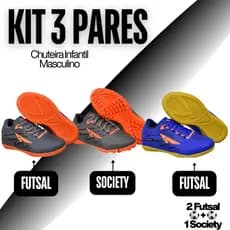 Kit 3 Pares Chuteira Infantil Masculino Futsal+Society Antiderrapante Campo+Quadra Costurada Criança