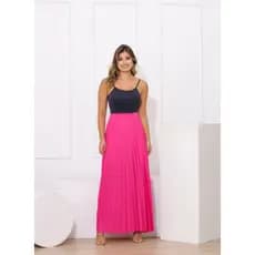 Saia Longa Plissada Feminina Pink Cintura Alta Gode Rodada Forro Luxo Festa Pink