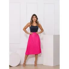 Saia Plissada Midi Pink Feminina Com Forro Lisa - Moda Evangelica Pink