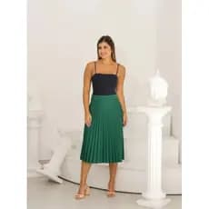 Saia Plissada Midi Verde Feminina Com Forro Lisa - Moda Evangelica Verde