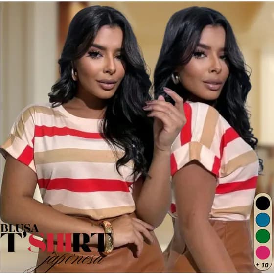 Blusa T-shirt Listrada Bicolor Manga Curta Doblada Cores Verao Inverno Tendencia 2025 Viscolycra Premium
