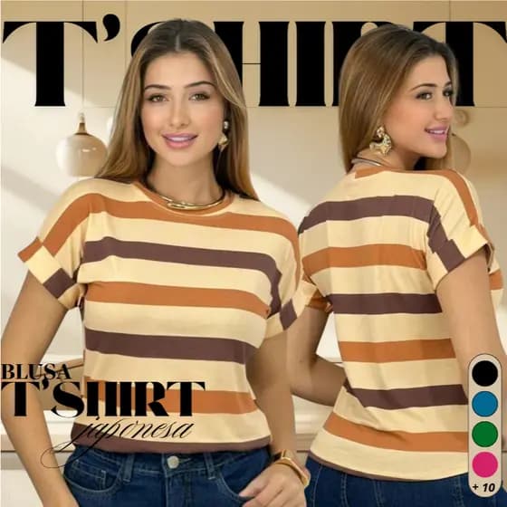 Blusa T-shirt Listrada  Manga Curta Doblada Cores Verao Inverno Tendencia 2026 Viscolycra Premium
