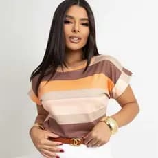 Blusa Femenina T-shirt Listrada, lisa  Manga Curta Doblada Cores Verao Inverno Tendencia 2026 Viscolycra Premium