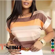 Blusa Femenina T-shirt Listrada Bicolor Manga Curta Doblada Cores Verao Inverno Tendencia 2026 Viscolycra Premium