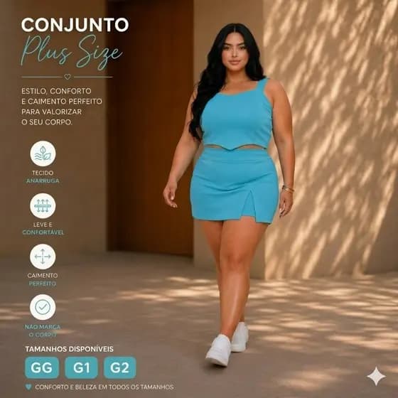 Conjunto Feminino Blusa Cropped + Short Saia  Plus Size