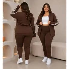 Conjunto de Frio Feminino Plus Size Lanzinha Calça Com Bolso Blusa Com  Zíper Punho  Moda Outono Inverno