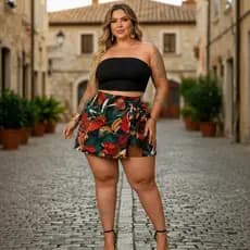 Saia Short Feminina Estampada Tropical Cintura Alta Com Amarração Lateral Plus Size Moda Verão Confortável