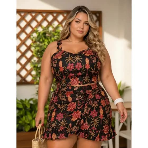 Conjunto Feminino Plus Size Estampado Short Saia Luxo Curve