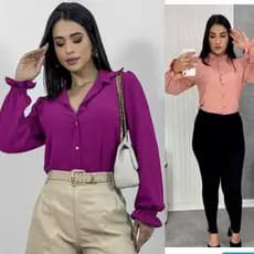 Camisa Feminina Social com Botão Lastex Manga Longa Elegante no Tecido Duna Super Tendências Moda