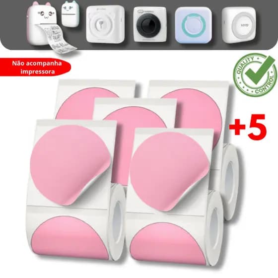 5 ROLOS DE ETIQUETA ADESIVA REDONDA 50X50 ROSA PARA IMPRESSORA GATINHO