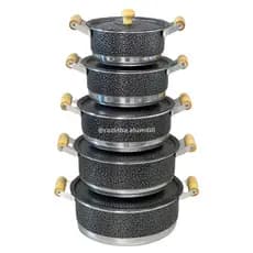 Jogo de Panela Conjunto Kit Cacarola Pop com 5 unidades Alça de Madeira com Tampa Preto Craqueado
