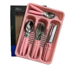 Jogo de Talheres Faqueiro Inox 25 Peças com Porta Talher Bandeja Organizador Rosa